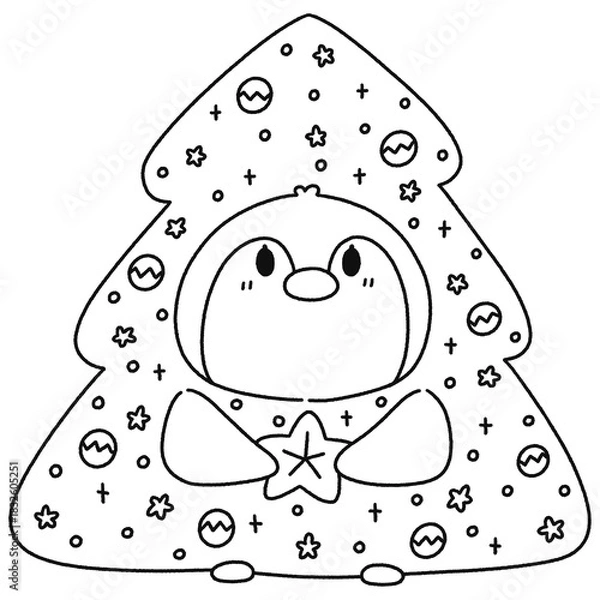 Obraz Penguin Wearing A Christmas Tree Costume - Outline