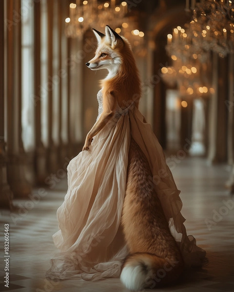 Fototapeta Elegant anthropomorphic fox in a flowing evening gown inside a luxurious palace hall