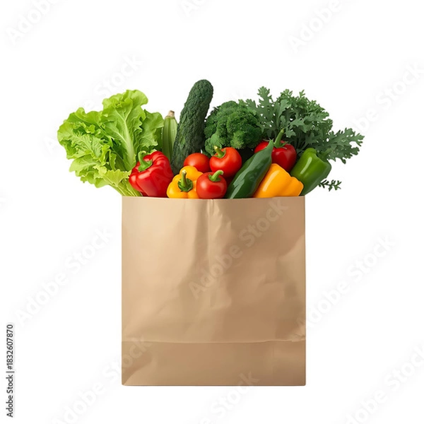 Fototapeta Fresh vibrant vegetables overflowing from a brown paper grocery bag, healthy food isolated on transparent background