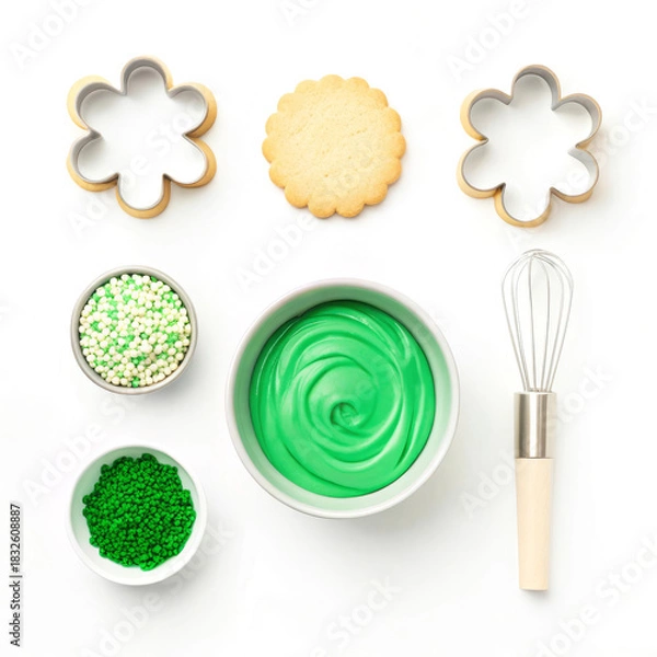 Obraz Baking ingredients and tools arranged for decorating cookies with vibrant green frosting