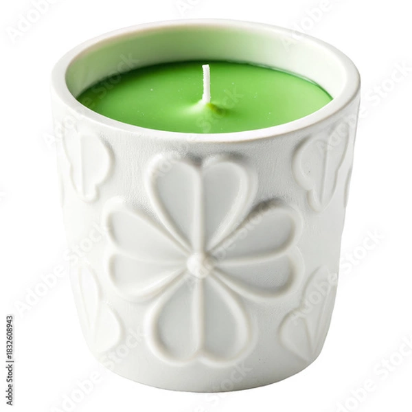Obraz Decorative white candle with green wax and floral design for home ambiance and relaxation