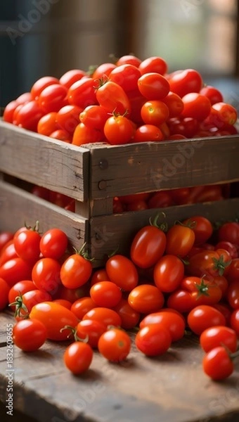 Fototapeta Fresh cherry tomatoes overflowing from a rustic wooden crate on a weathered table top surface