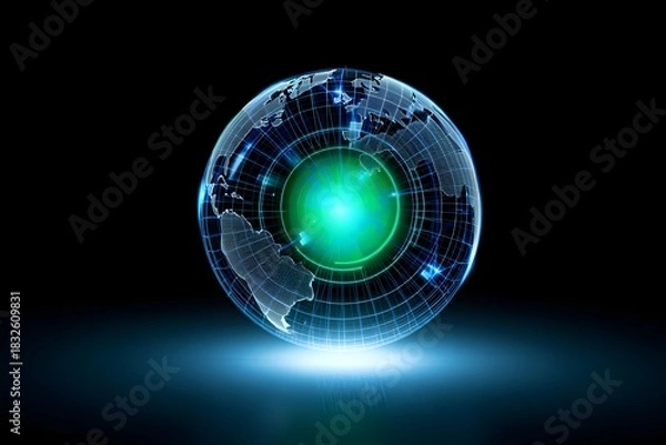 Fototapeta Glowing earth globe with digital grid and green core radiating energy outwards in the dark