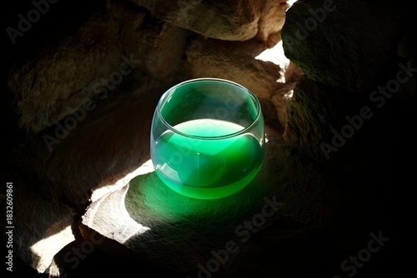 Fototapeta Glowing green liquid in glass with light and shadow on stone background scene view
