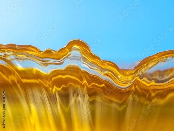 Fototapeta Golden liquid wave against a bright blue background creating a mesmerizing effect of light and movement