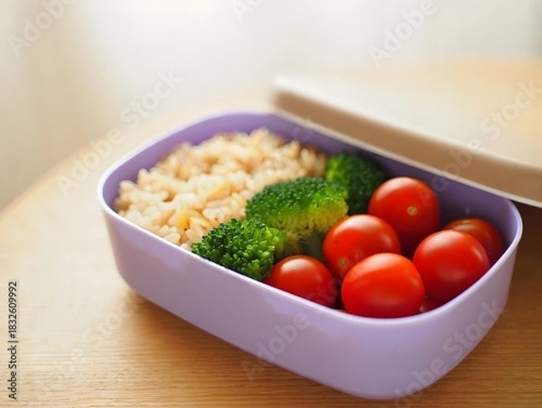 Fototapeta Healthy lunchbox with rice broccoli and tomatoes on a wooden surface in daylight