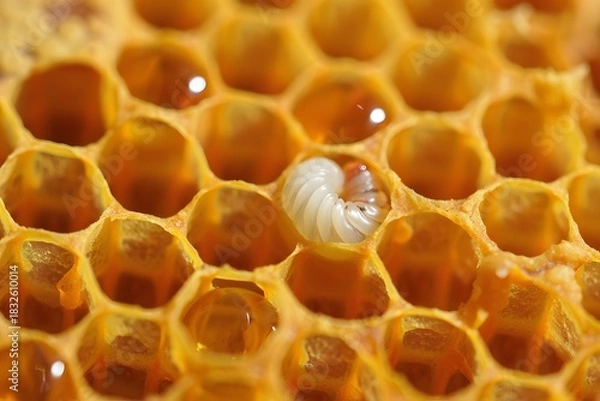 Fototapeta Honeycomb with larva in cell close up macro view showing honeybee development stage