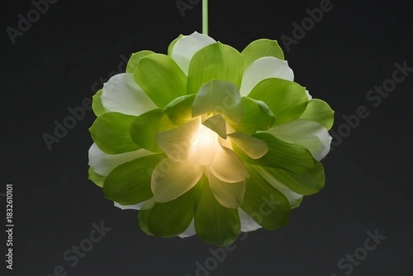 Fototapeta Illuminated floral pendant light fixture with green and white petals design element