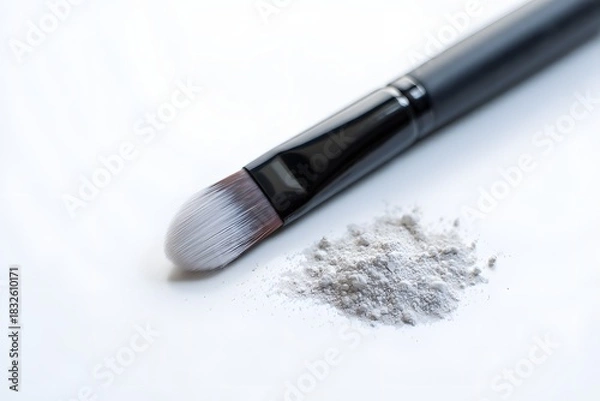 Fototapeta Makeup brush with gray eyeshadow on white surface for cosmetic application tool use