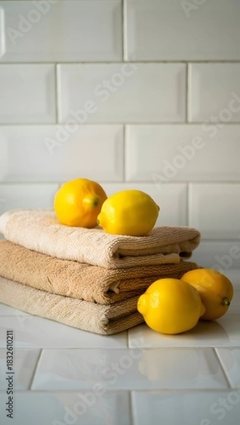 Fototapeta Lemons on towels against a white tiled background in a bright and clean environment