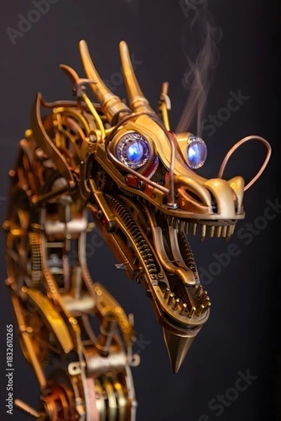 Fototapeta Mechanical dragon head with glowing eyes and intricate details in steampunk style design
