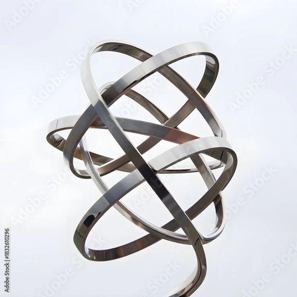 Fototapeta Metallic rings intertwine against a bright sky creating a modern abstract sculpture art piece
