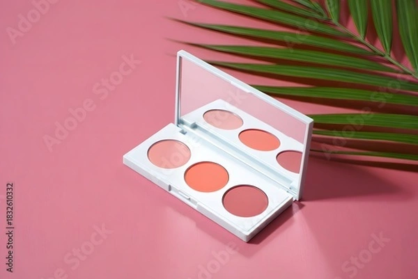 Fototapeta Makeup palette on pink background with palm leaf for beauty and cosmetics product shot