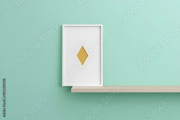 Fototapeta Minimalist white frame with golden diamond shape on a light green wall and shelf decor