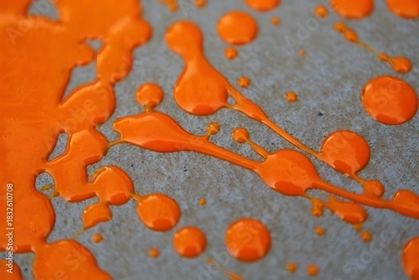 Fototapeta Orange paint splatters on a gray surface creating an abstract and vibrant design