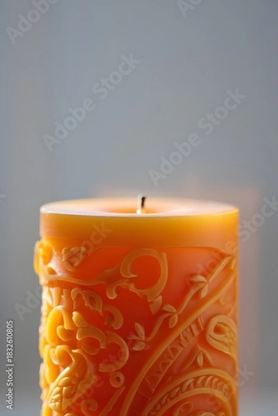 Fototapeta Ornate orange candle with burning wick in soft light studio photography setting