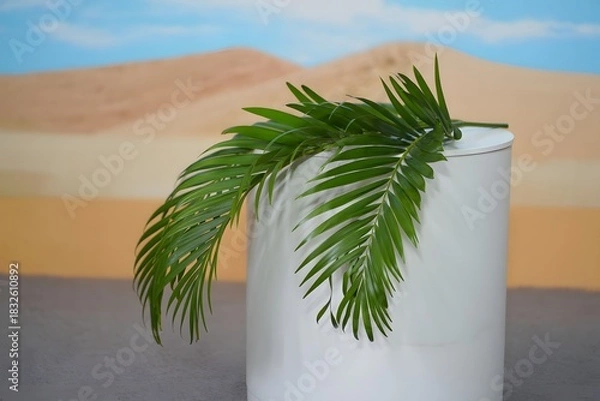 Fototapeta Palm leaf on white cylinder with desert background for product photography setting up scene