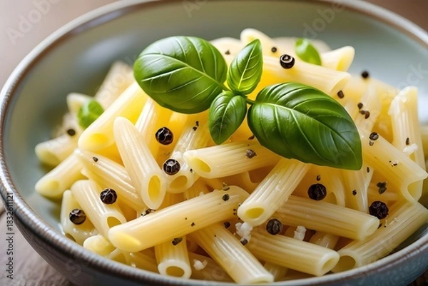 Fototapeta Penne pasta with basil and peppercorns served in a ceramic bowl close up shot view from above