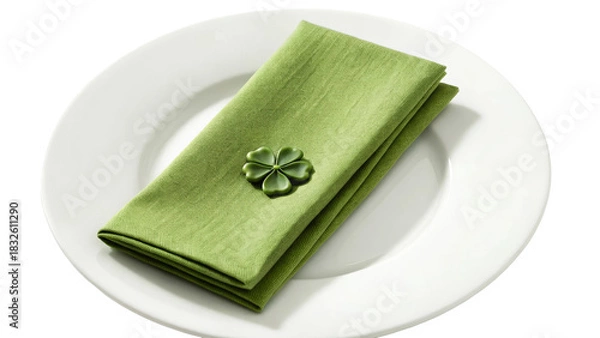 Obraz Green napkin with clover decoration on white plate for festive dining table setting
