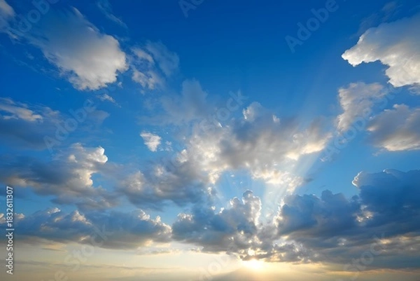 Fototapeta Radiant sunbeams piercing through the fluffy clouds in the vast azure sky above us all
