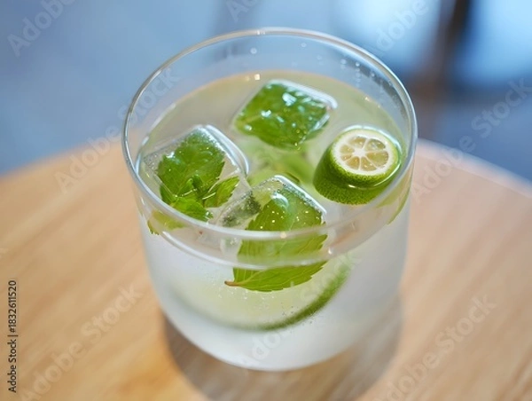 Fototapeta Refreshing drink with lime and mint in a clear glass on a wooden table top view close up shot