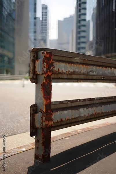 Fototapeta Rusty railing against a backdrop of modern city buildings on a sunny day outside