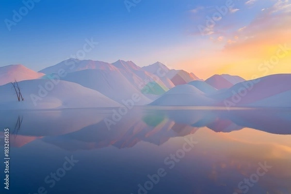 Fototapeta Serene mountain range reflecting in water under a pastel sunrise creating a peaceful scene