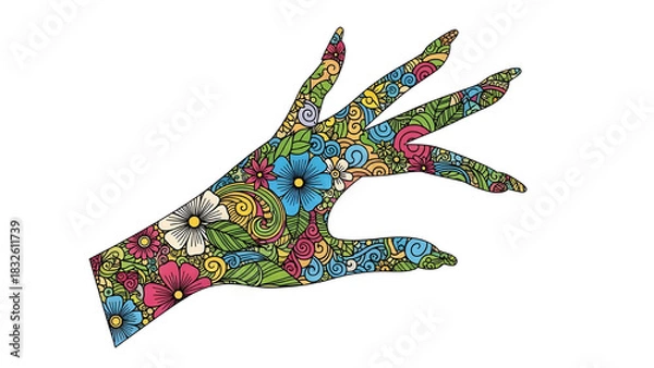 Obraz Colorful open human hand shape filled with detailed psychedelic floral pattern design isolated PNG with Transparent Background