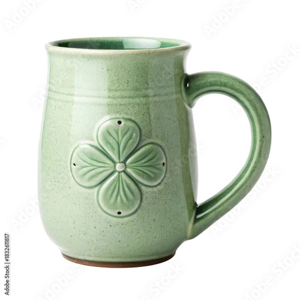 Obraz Green ceramic mug with floral design, perfect for coffee or tea in cozy settings