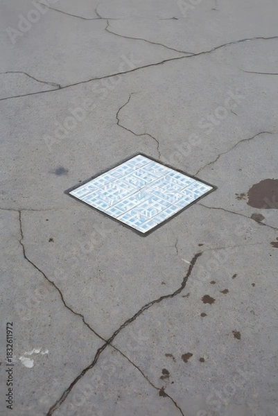 Fototapeta Square tile inlay on cracked concrete ground surface viewed from above outdoors