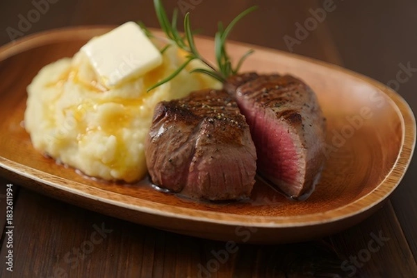 Fototapeta Steak with mashed potatoes and butter on a wooden plate close up delicious food