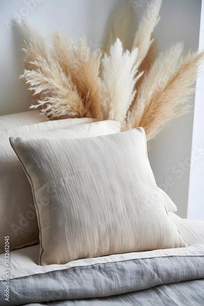 Fototapeta Still life of bedding with pampas grass creating a calm and serene atmosphere