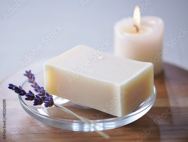 Fototapeta Still life of soap, lavender, and candle creating a calming and relaxing atmosphere