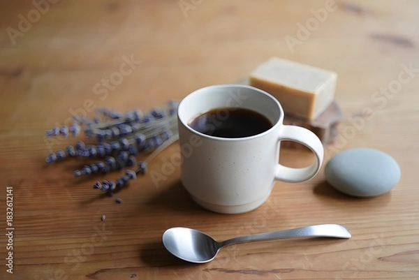 Fototapeta Still life with coffee and lavender on a wooden surface in a calm setting scene