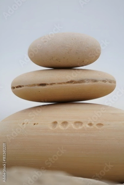 Fototapeta Three stones stacked in balance creating a calming and peaceful zen like atmosphere