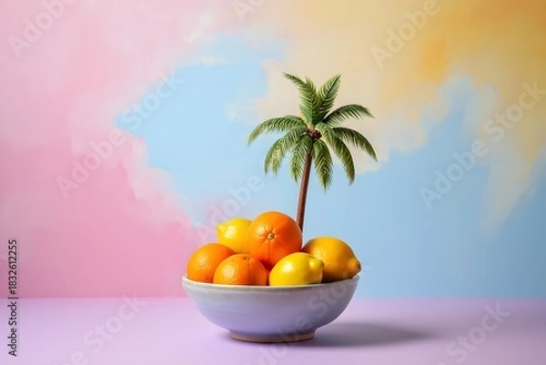 Fototapeta Tropical fruit bowl with miniature palm tree against colorful backdrop scene