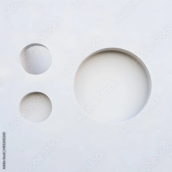 Fototapeta Three white circles on a white background with soft shadows and subtle gradients creating depth