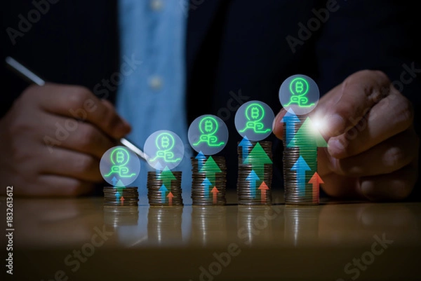 Fototapeta Businessman putting down money, pointing with pen and showing candlestick symbol for investing, finance, saving money, interest rate or dividend investment, business growth concept.