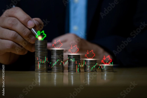 Fototapeta Businessman putting down money, pointing with pen and showing candlestick symbol for investing, finance, saving money, interest rate or dividend investment, business growth concept.