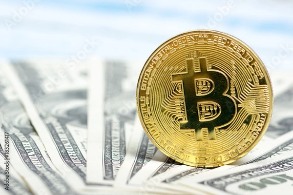 Fototapeta Bitcoin golden coin New virtual money and dollar background . Cryptocurrency. Business and Trading concept. Close-up shot