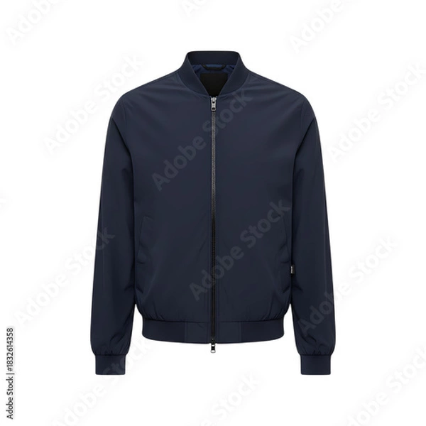 Fototapeta Navy blue lightweight bomber jacket for men with zipper closure on a black background
