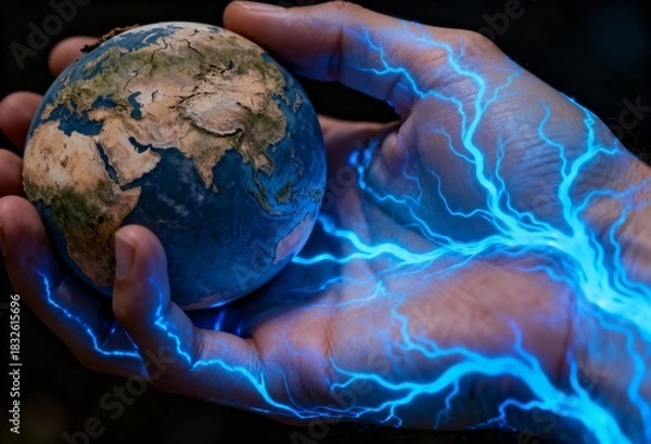 Obraz Human hand with glowing blue lightning veins holding a small dry cracked earth sphere in dark space.