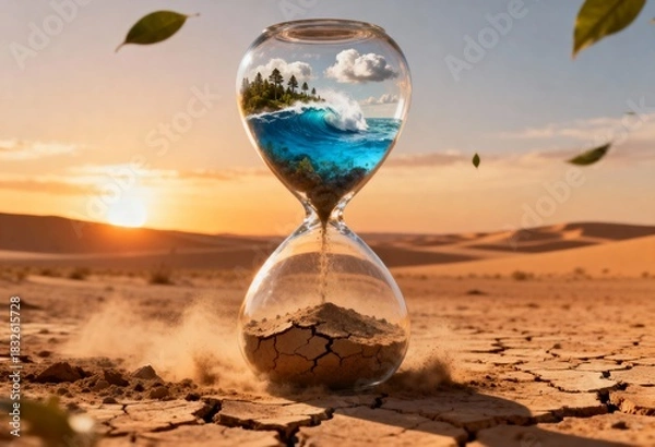 Obraz Surreal hourglass standing in a desert, with lush nature in the top bulb turning into dry sand in the bottom, symbolizing climate change and time running out.