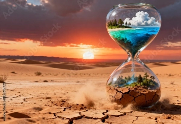 Obraz Surreal hourglass standing in a desert, with lush nature in the top bulb turning into dry sand in the bottom, symbolizing climate change and time running out.