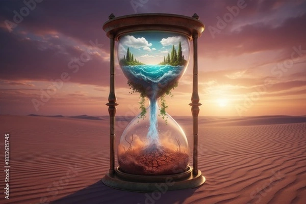 Obraz Surreal hourglass standing in a desert, with lush nature in the top bulb turning into dry sand in the bottom, symbolizing climate change and time running out.