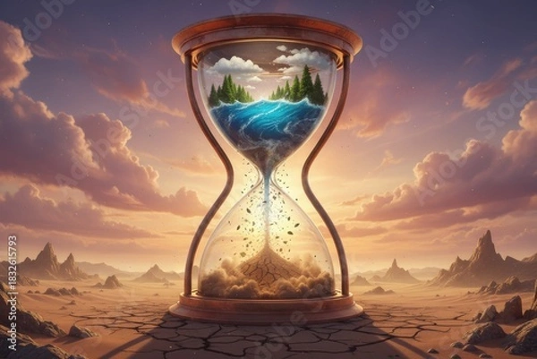 Obraz Surreal hourglass standing in a desert, with lush nature in the top bulb turning into dry sand in the bottom, symbolizing climate change and time running out.