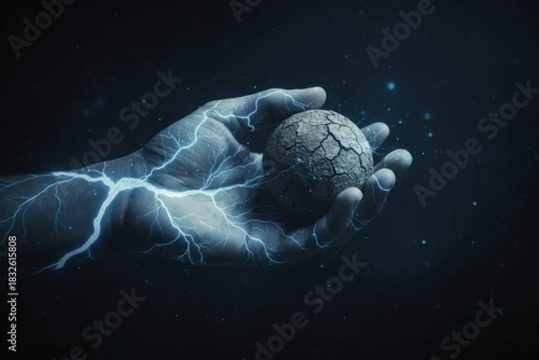 Obraz Human hand with glowing blue lightning veins holding a small dry cracked earth sphere in dark space.
