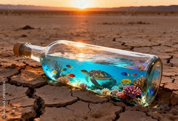 Obraz Surreal concept art of a vibrant underwater ocean ecosystem with a turtle inside a glass bottle lying on dry cracked desert earth at sunset.