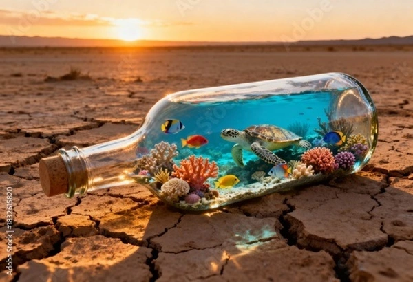 Obraz Surreal concept art of a vibrant underwater ocean ecosystem with a turtle inside a glass bottle lying on dry cracked desert earth at sunset.