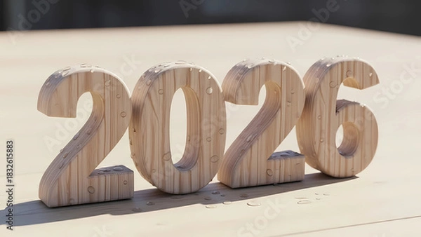 Fototapeta Celebrate new beginnings! Wooden '2026' glistens with fresh promise. Symbolizes future plans, growth, and opportunities. Perfect for conveying optimism and a forward-thinking vision.